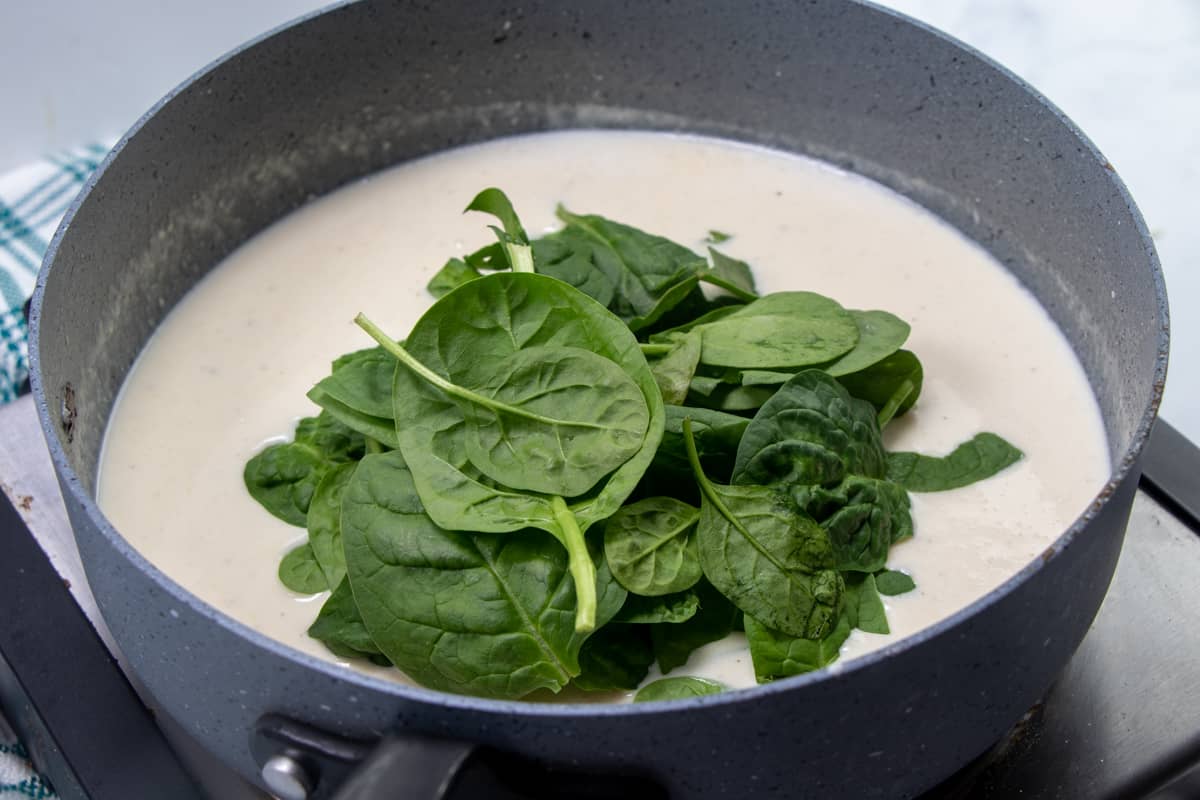 fresh spinach leaves added to thick and creamy parmesan Alfredo sauce in a large skillet.