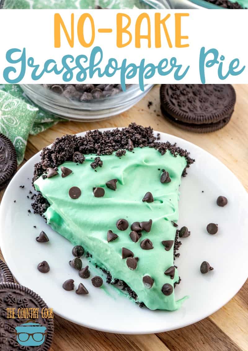 overhead photo of a slice of green grasshopper pie topped with mini chocolate chips on a white plate.