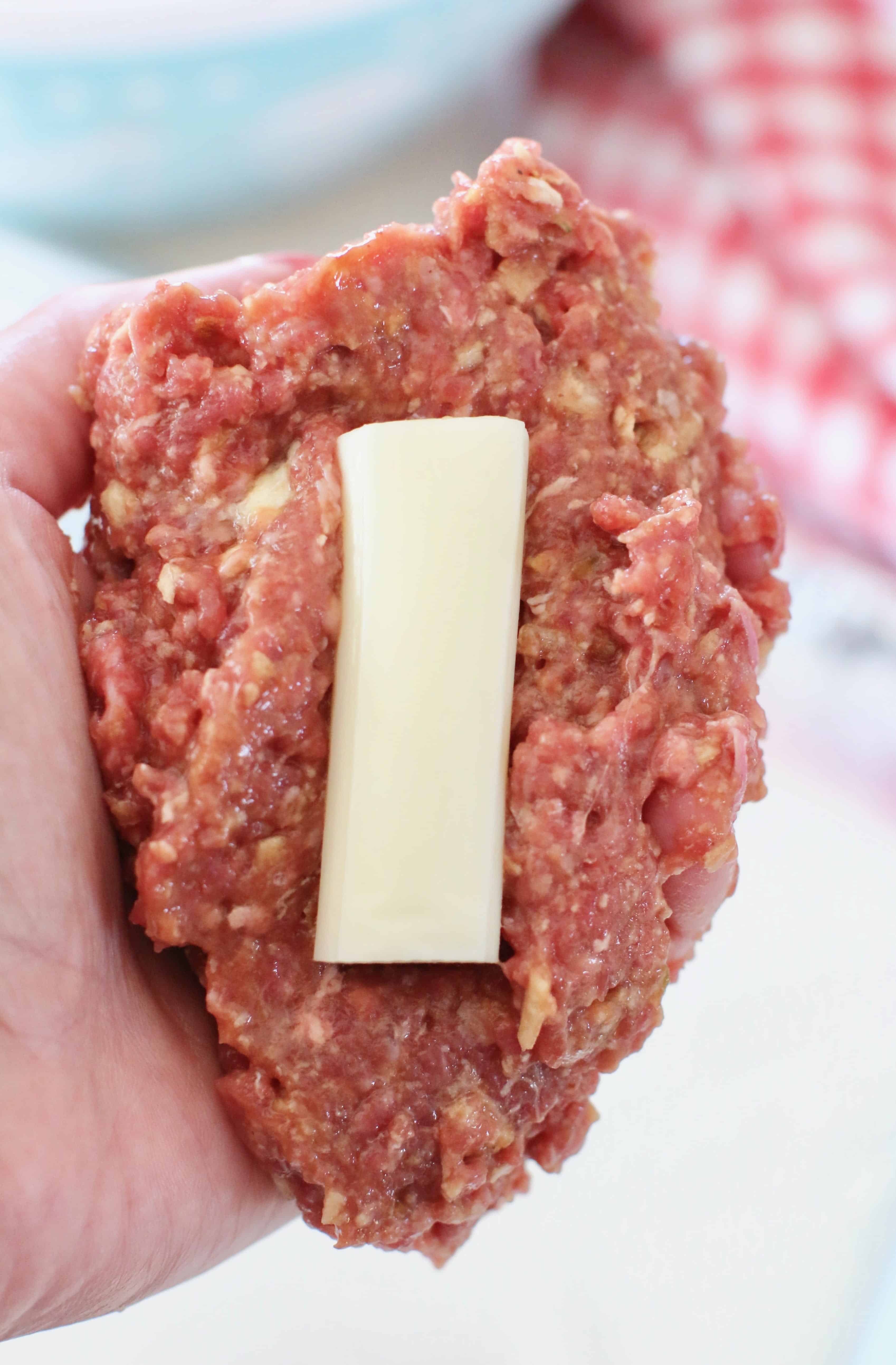 mozarella string cheese stuffed into meatloaf mixture.