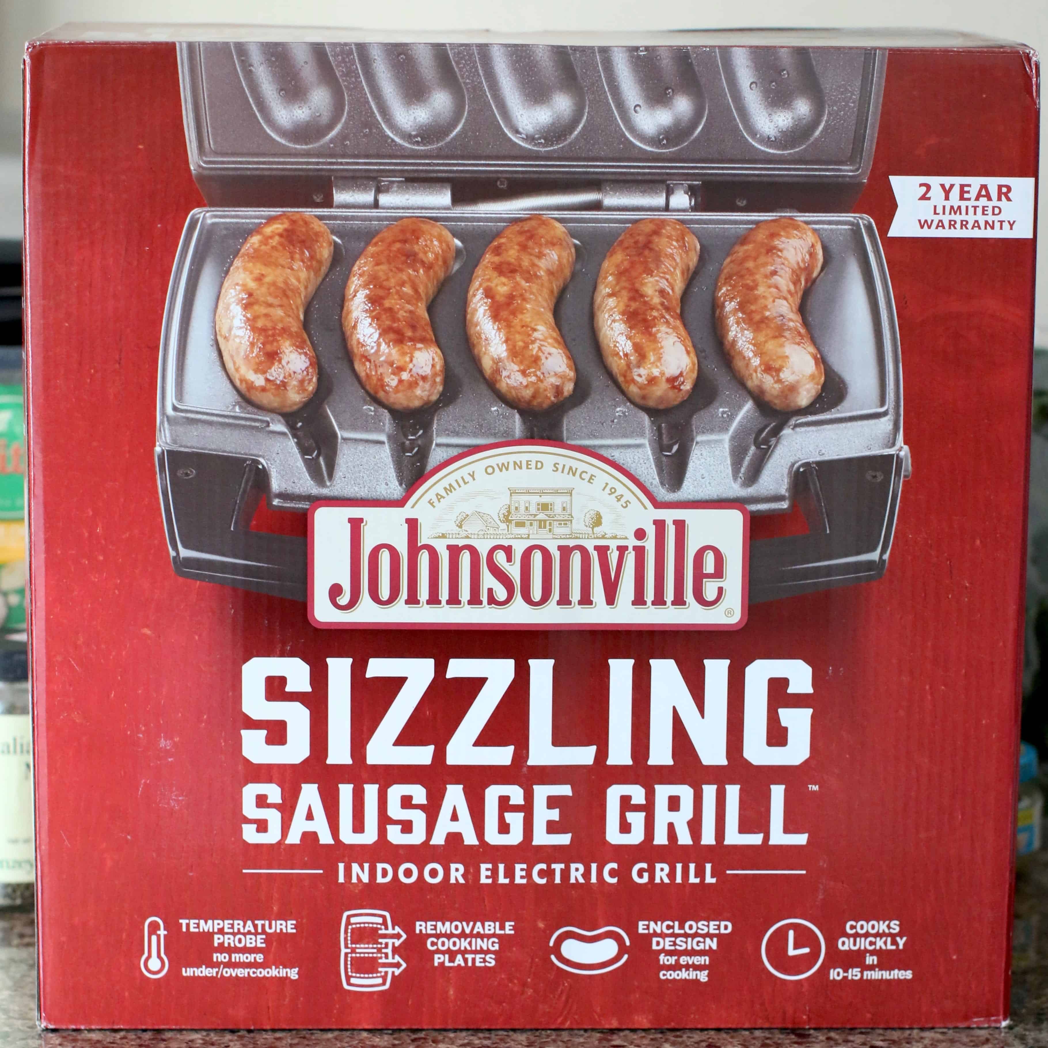 Johnsonville Sizzling Sausage Grill shown in a box.