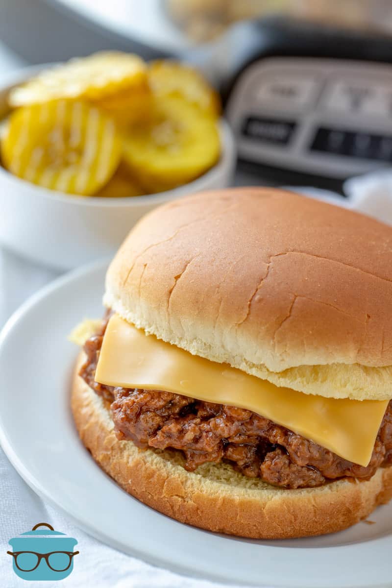 A Sloppy Joe Sandwich shown on a small white plate with a slow cooker in the background.