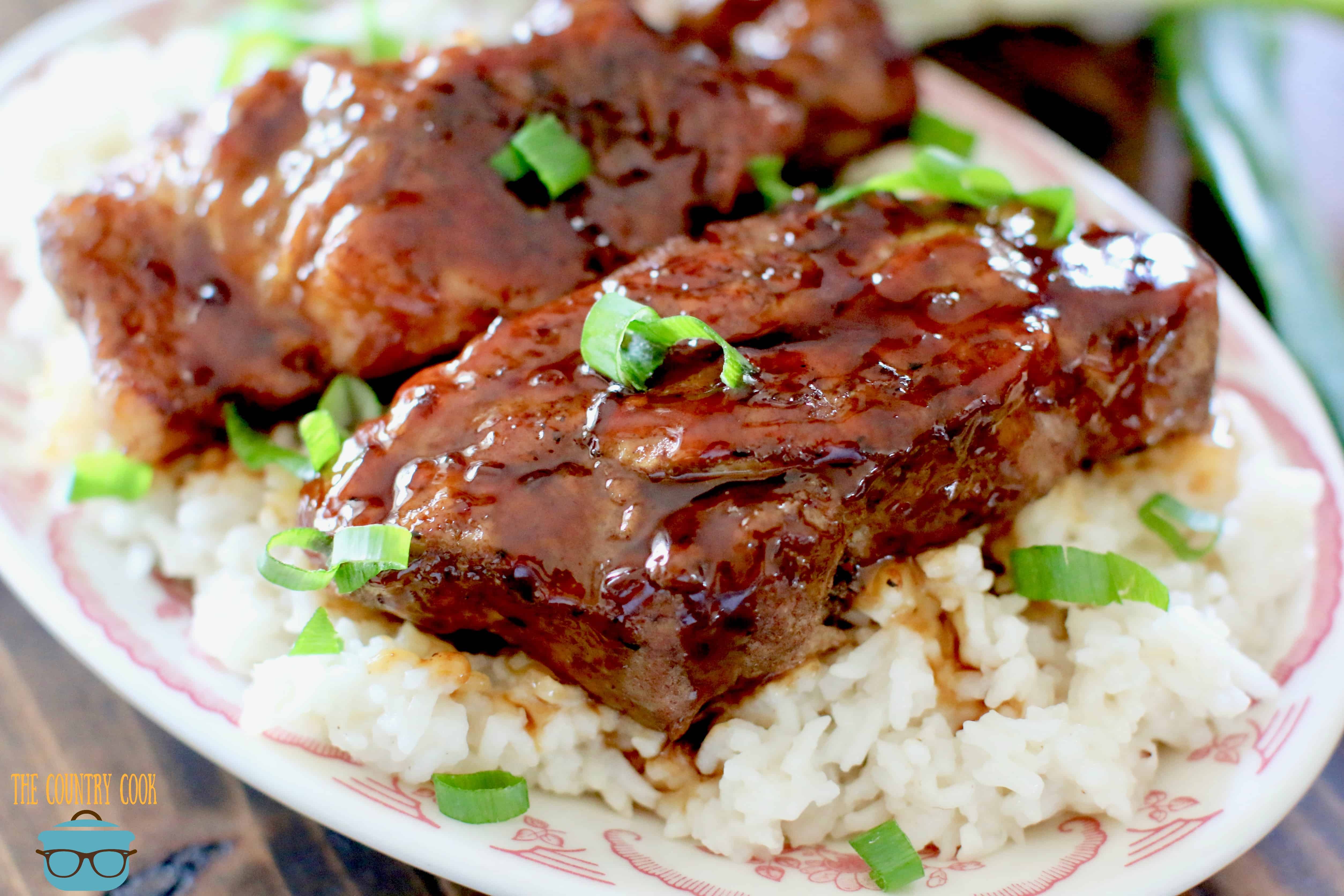 Pressure Cooker Korean BBQ Country Style Ribs with white rice on an oval plate.