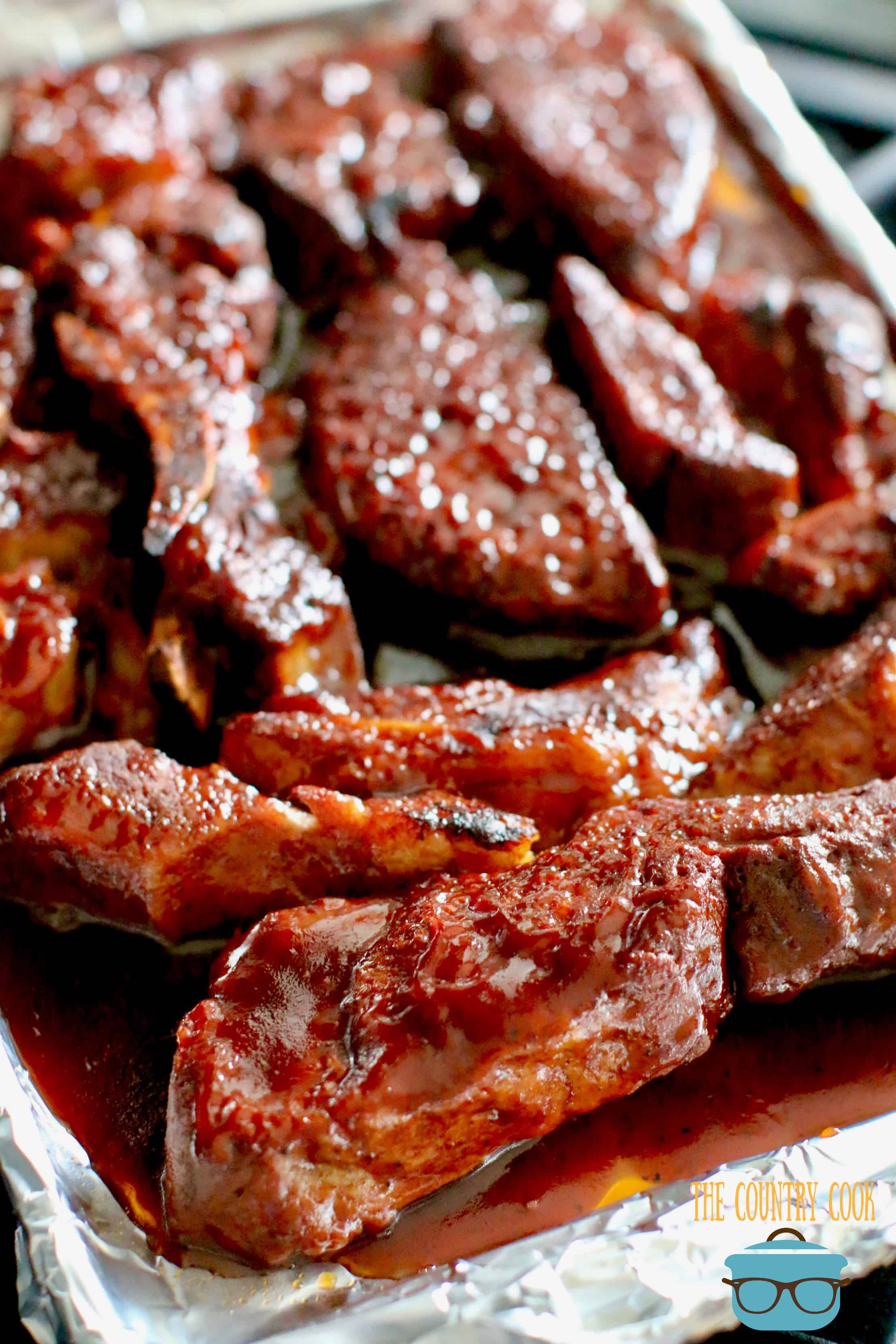 Korean BBQ Country Style Ribs shown on a baking sheet.