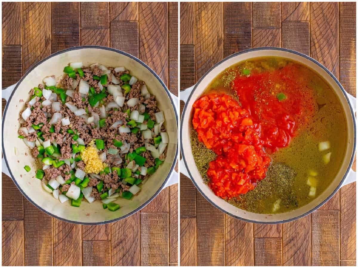 collage of two photos: cooked ground beef, onions, green pepper and garlic in a dutch oven pot; chicken broth, diced tomatoes, tomato sauce and seasonings added to the pot. 