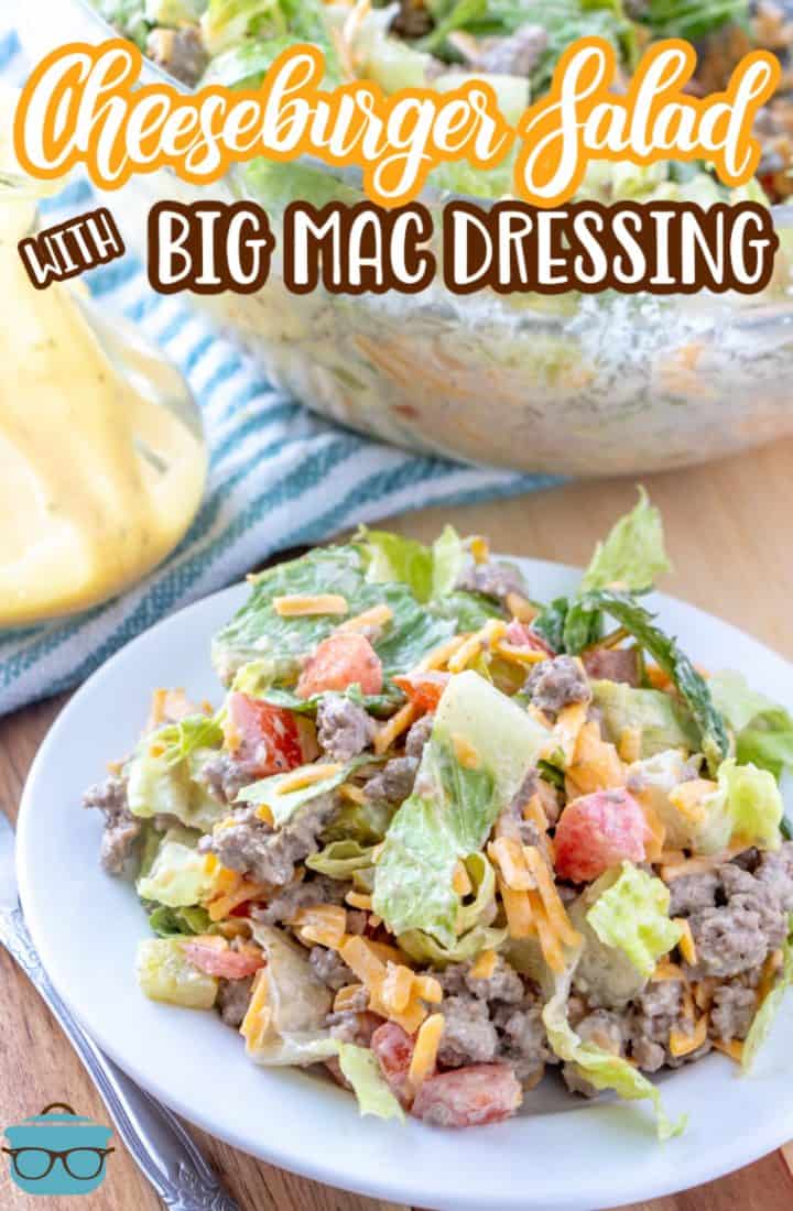 Low Carb Cheeseburger Salad recipe from The Country Cook. Serving shown on a white salad plate.
