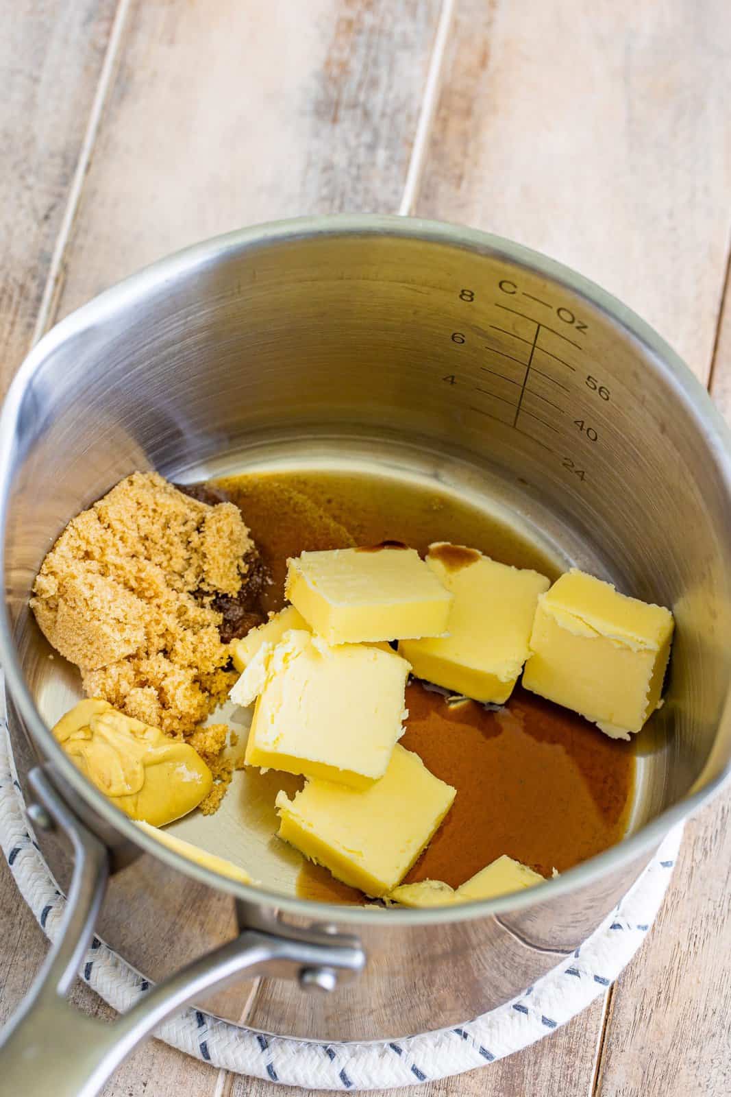 butter, Worcestershire sauce, brown sugar and mustard in a sauce pan. 
