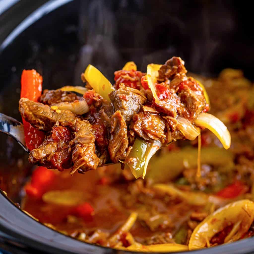 Slow Cooker Pepper Steak recipe from The Country Cook.