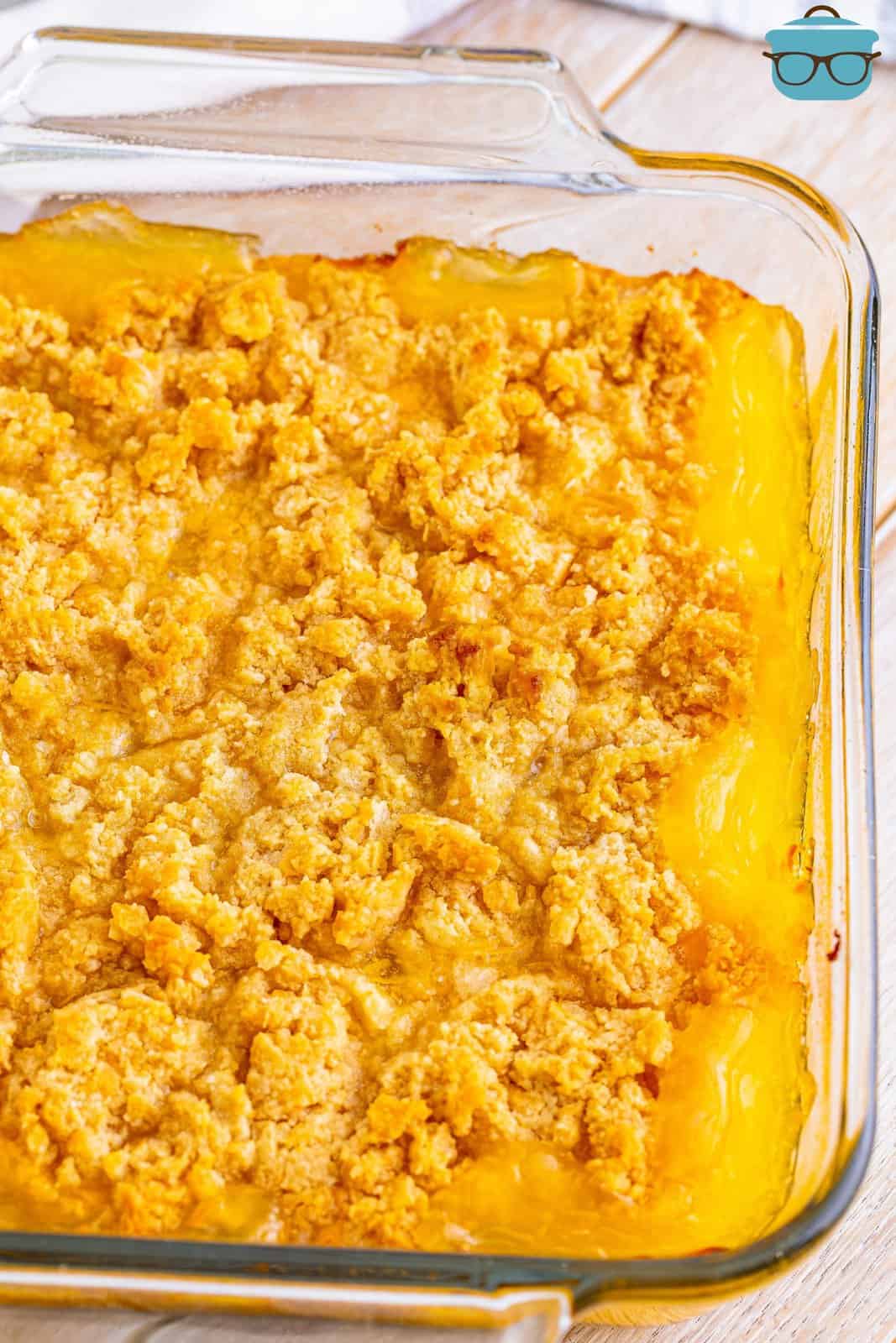 fully baked pineapple casserole in a glass baking dish. 