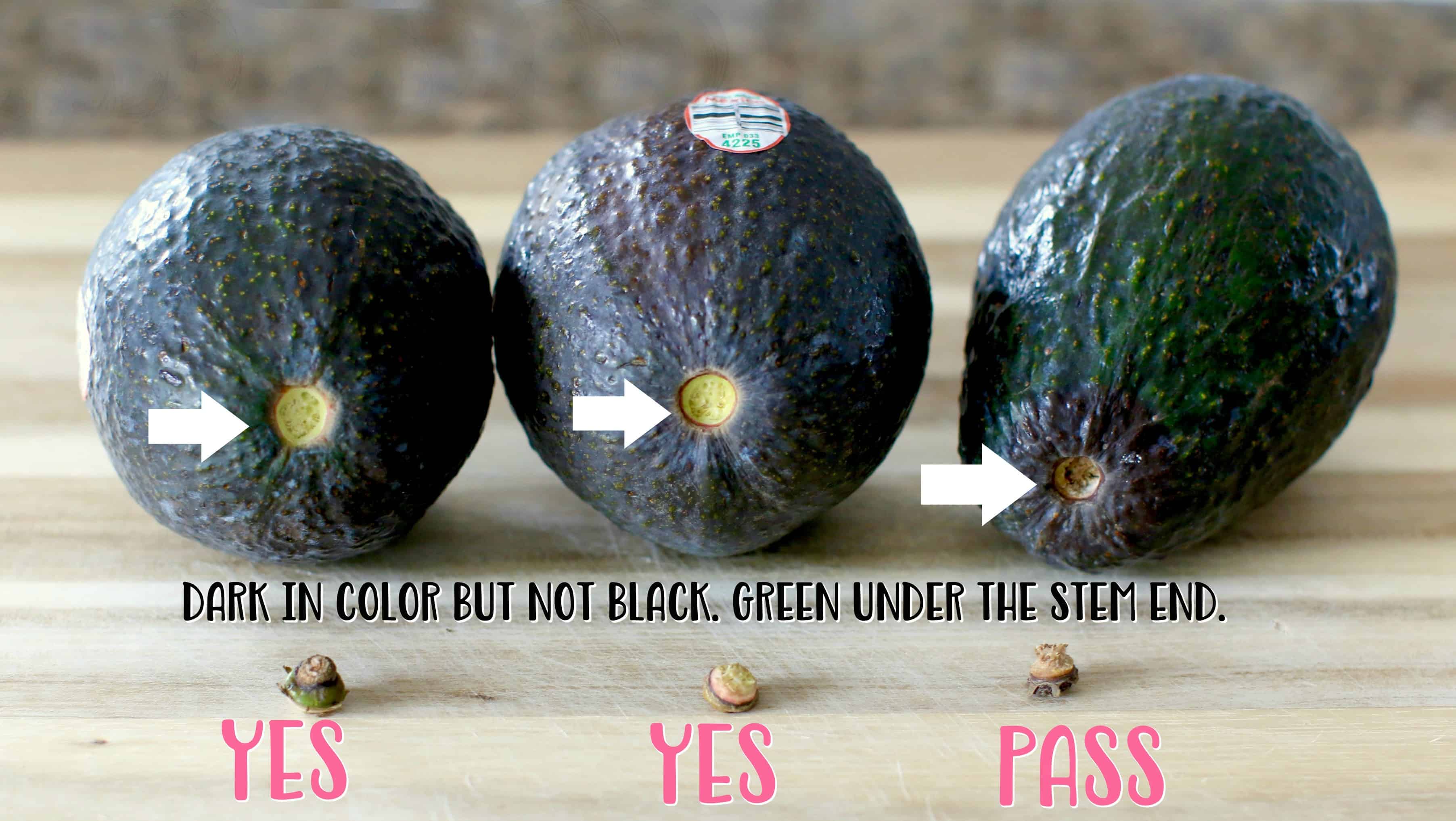 How to tell if an avocado is ripe. Photo showing three avocados at varying stages of ripeness.