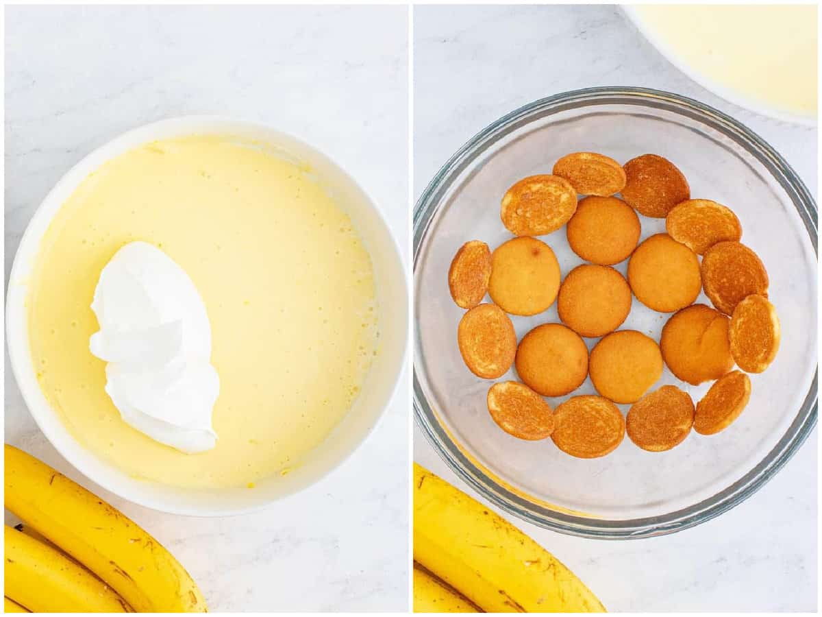 collage of two photos: whipped topping added to banana pudding; Nilla wafers layered into the bottom of a bowl. 