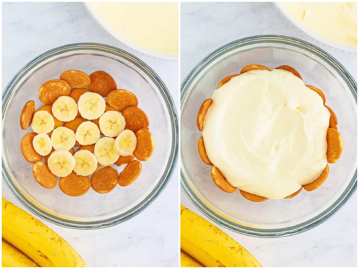 collage of two photos: sliced bananas layered on top of Nilla wafers; banana pudding layered on top of bananas in the bowl. 