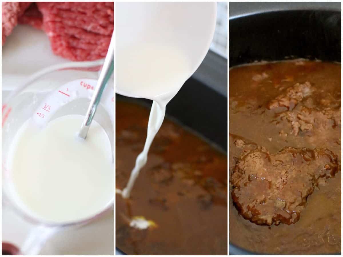 collage of three photos: cornstarch and water slurry in a measuring cup; slurry being poured into the slow cooker; thickened gravy and cubed steaks shown in the slow cooker. 