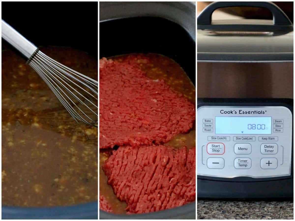 collage of three photos: french onion soup, au jus gravy, cream of chicken whisked together in a slow cooker; cubed steaks put into the slow cooker; lid put on slow cooker and timer set for 8 hours. 