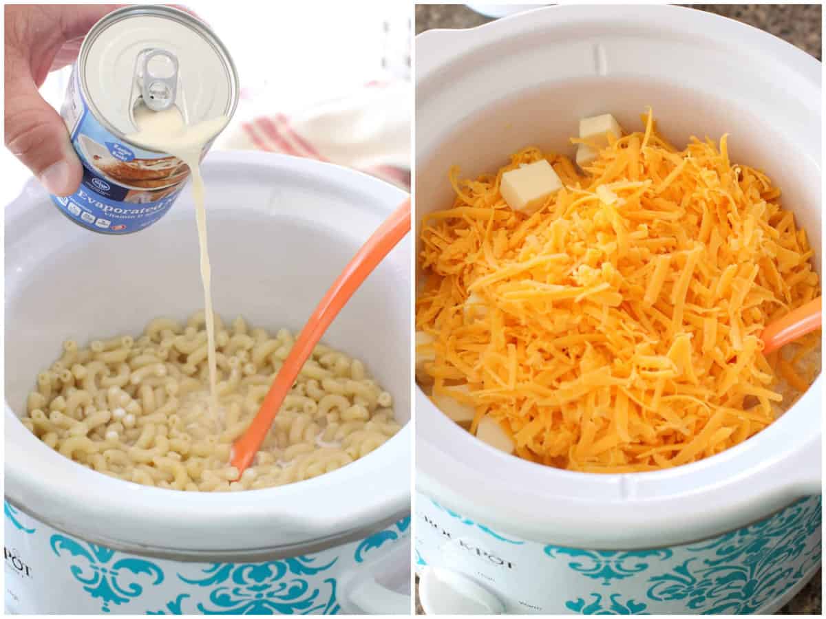 collage of two photos: evaporated milk being poured into the slow cooker; shredded cheddar cheese and American cheese on top of the macaroni mixture.