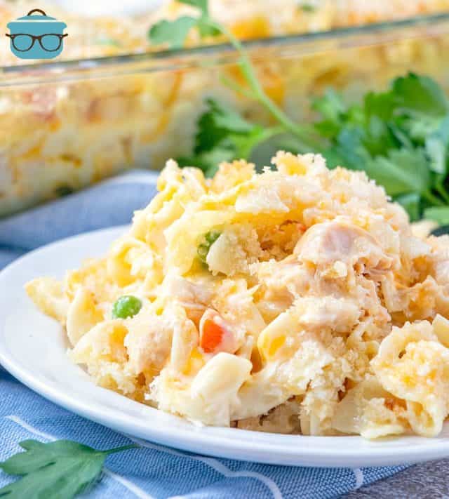 Easy Chicken Noodle Casserole served on a white plate with parsley