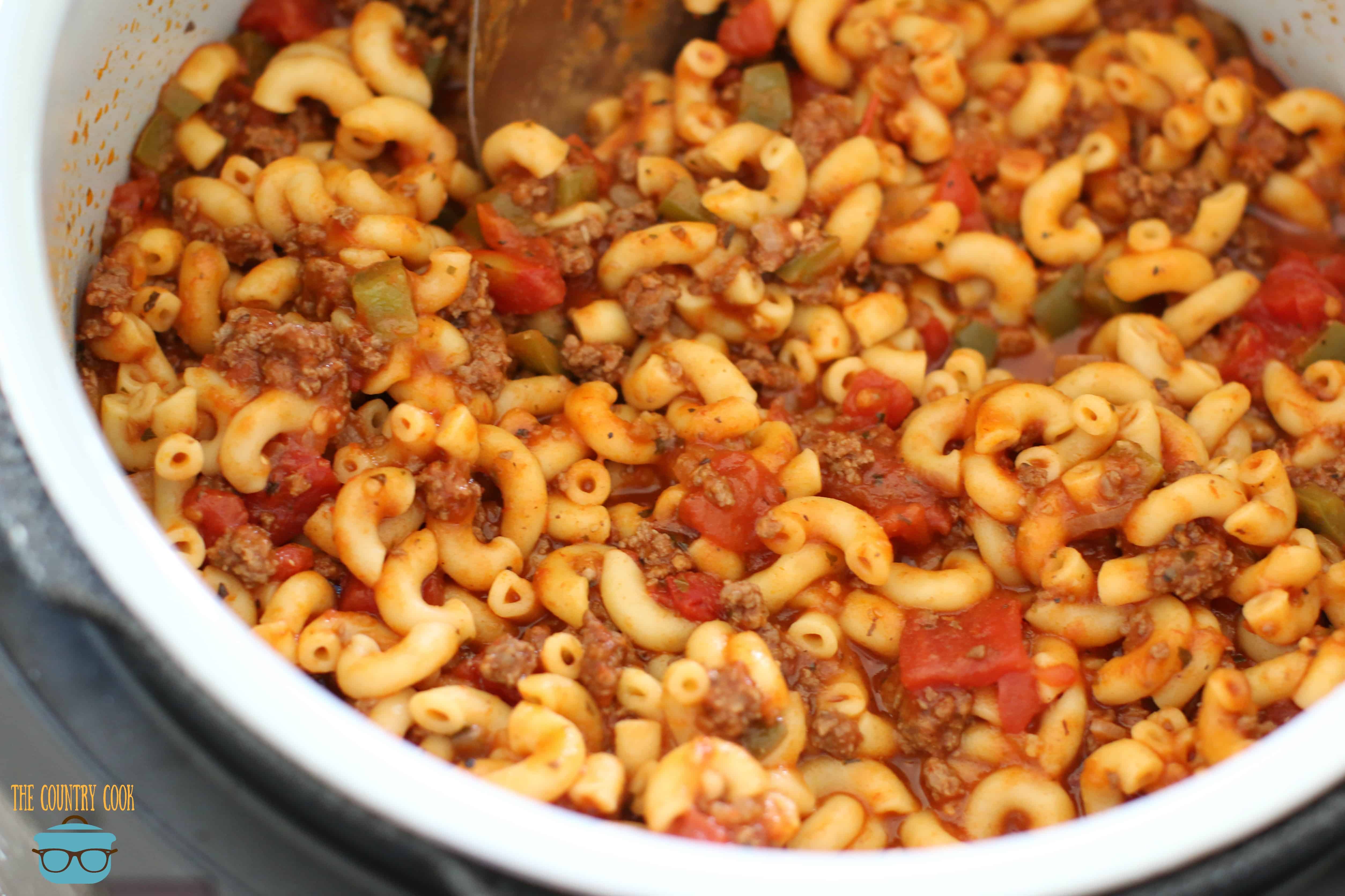 fully cooked goulash inside an instant pot. 
