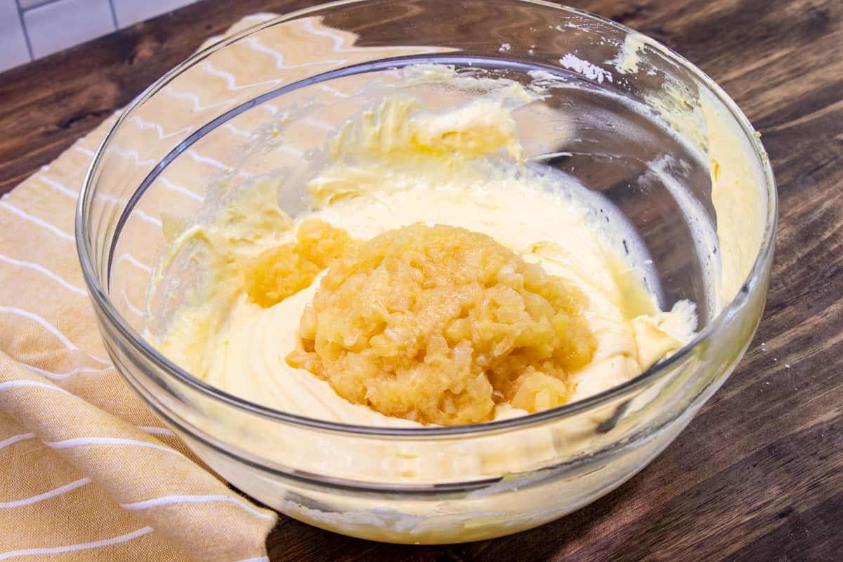 drained, crushed pineapple added to whipped topping mixture.