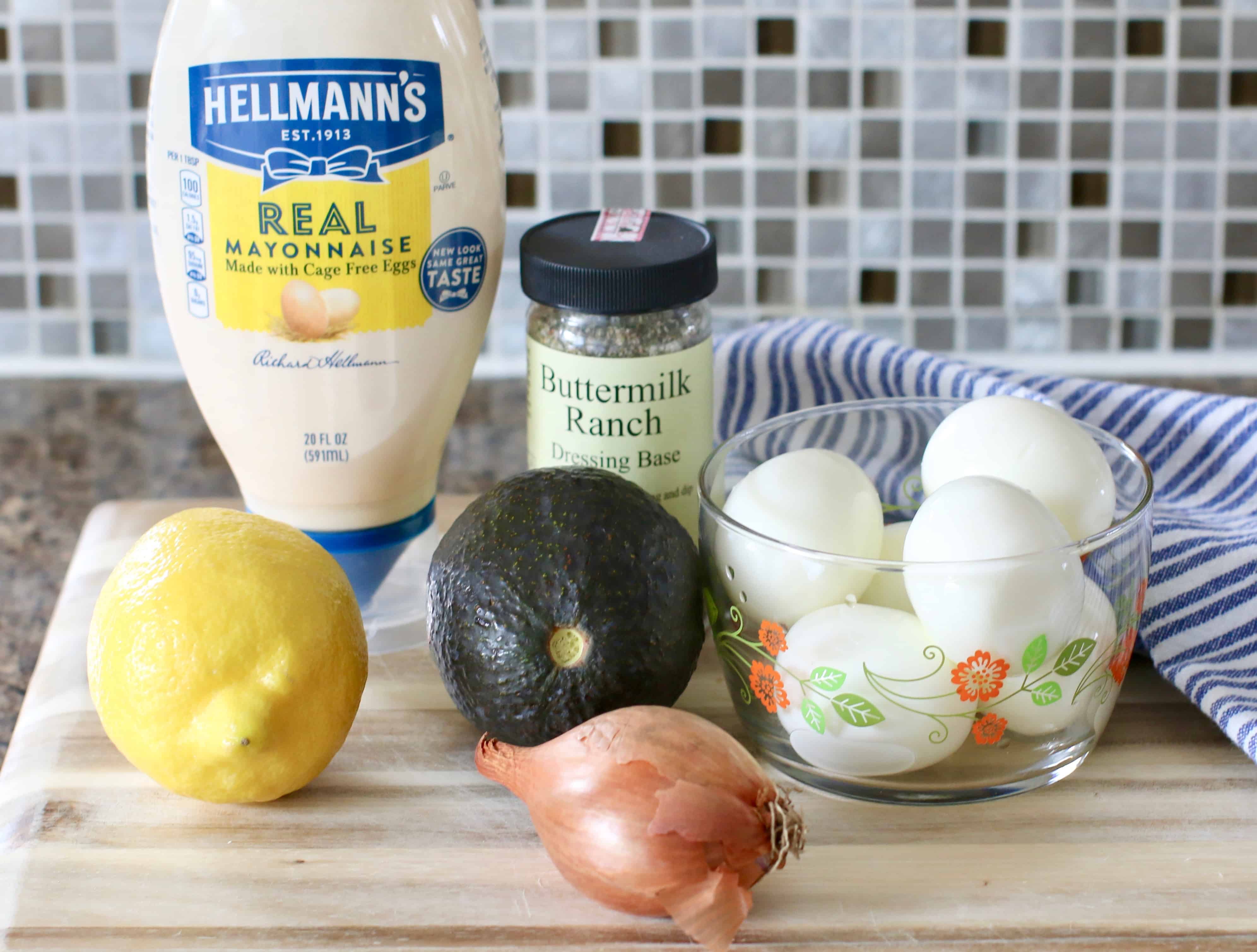 fresh avocado, hardboiled eggs, lemon, shallot, ranch seasoning mix, mayonnaise, salt and pepper.