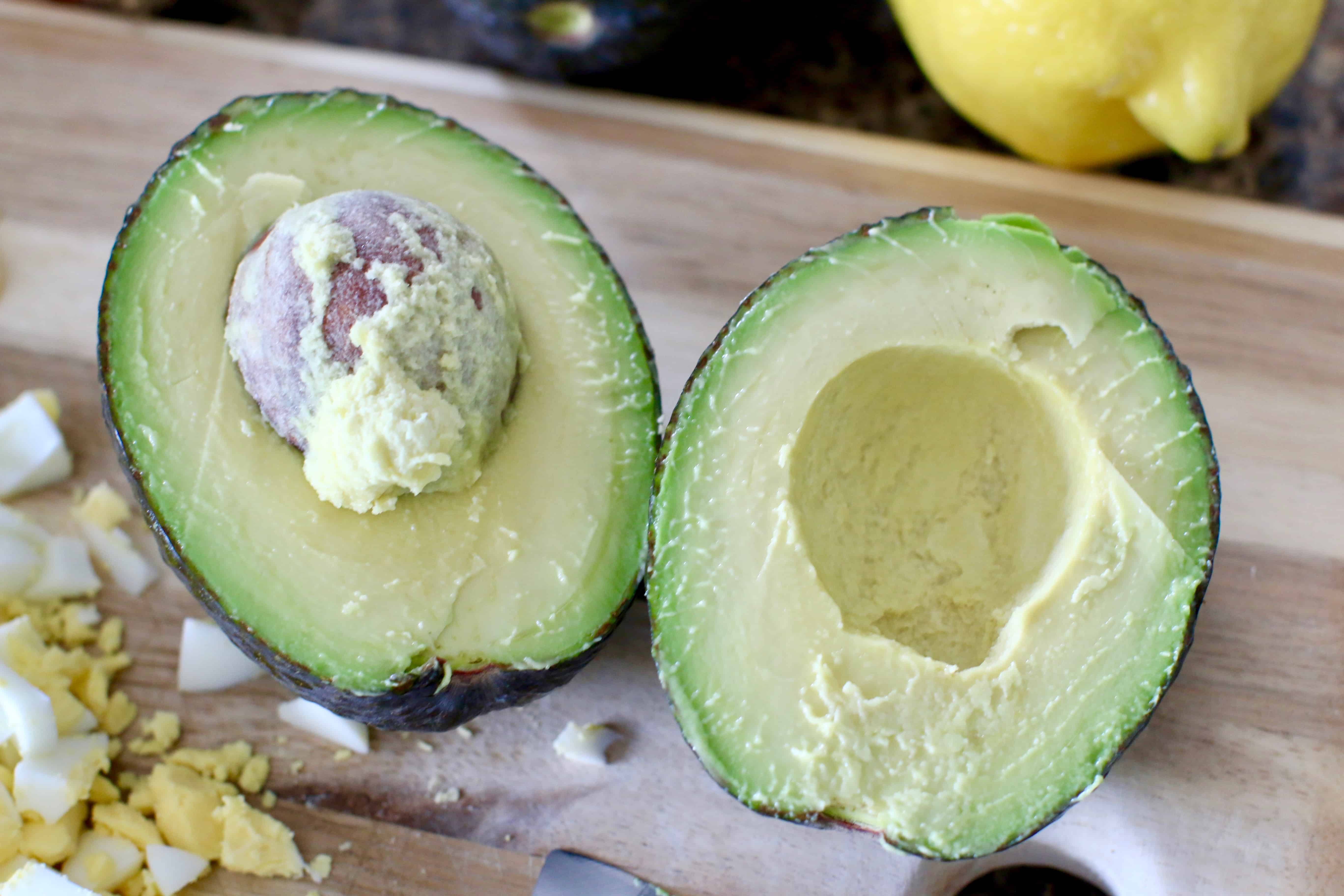 sliced, ripe avocado showing the inside.