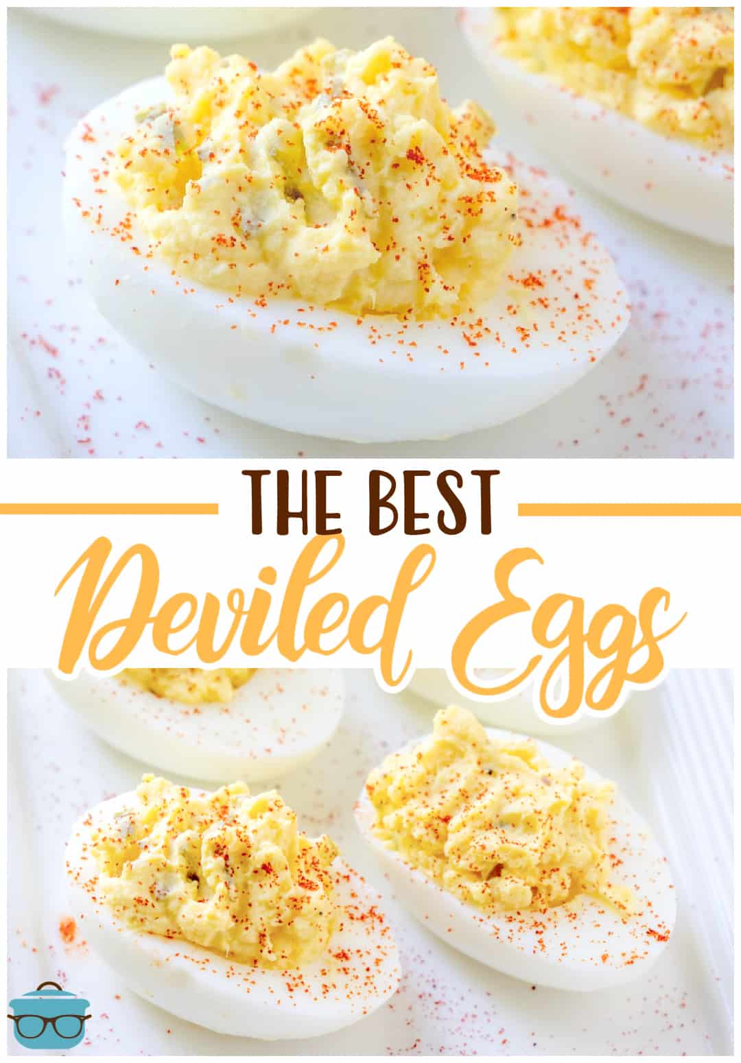 A collage of two photos showing deviled eggs on a white platter.