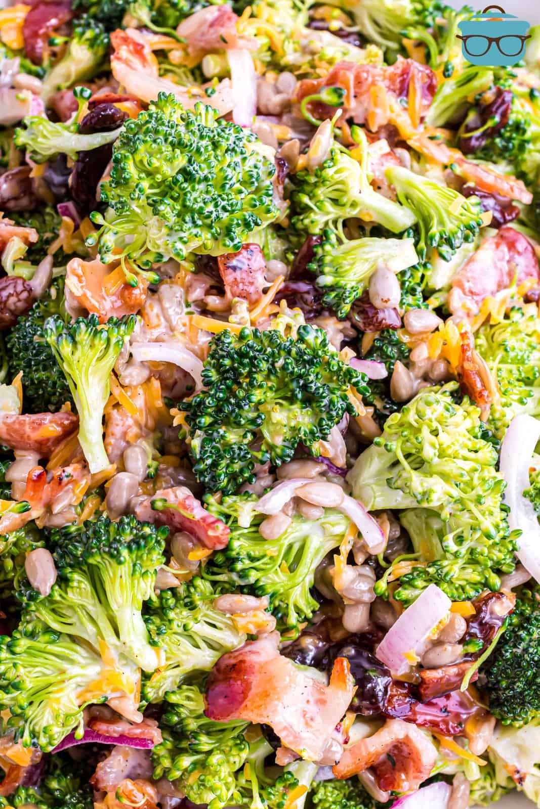 closeup overhead photo of broccoli salad.