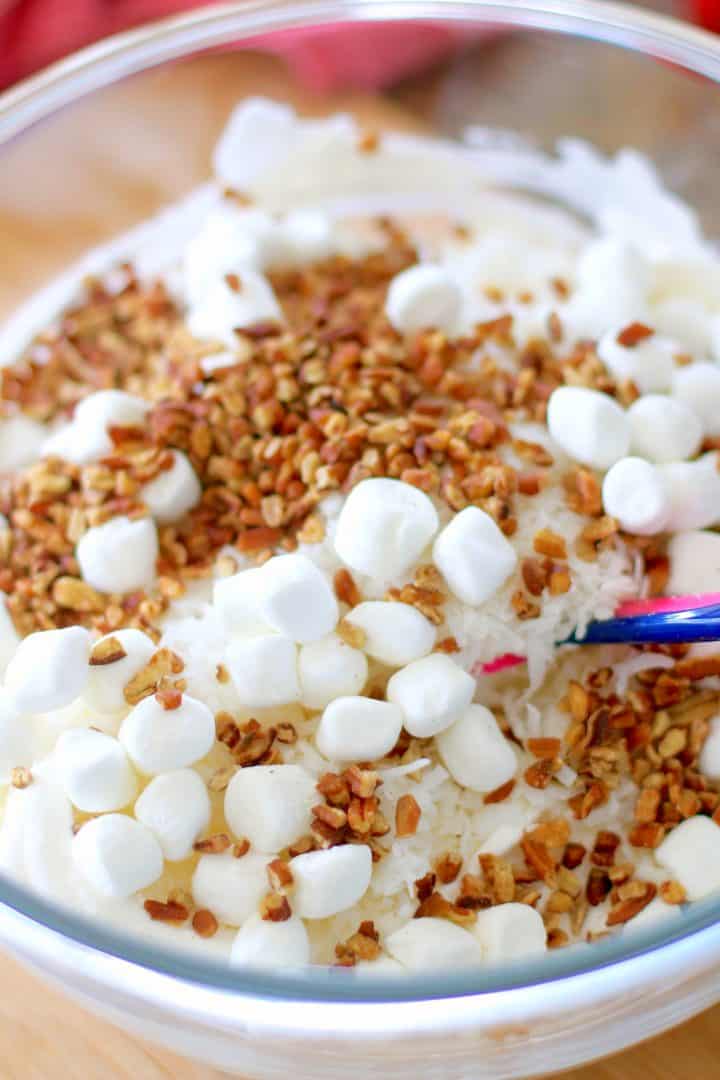 mini marshmallows, chopped pecans, shredded coconut added to sour cream and cool whip in a large clear bowl.