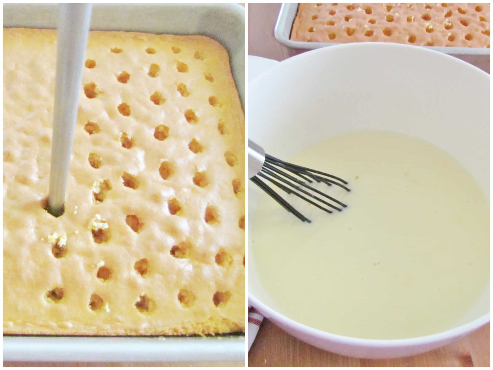 collage of two photos: a round object poking holes into a baked cake; whisking together milk and pudding mix in a bowl. 