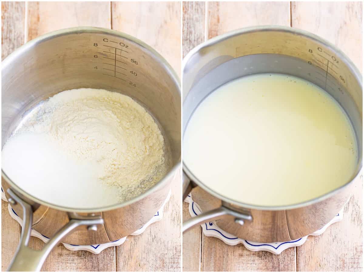 collage of two photos: flour, sugar and salt in a pot; milk added to pot. 