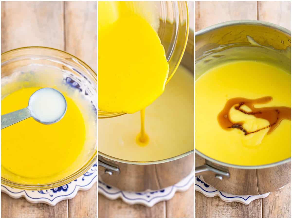 collage of three photos: warm milk being added to egg yolks; egg yolk mixture being poured into pudding mixture; vanilla extract added to pudding in pot.