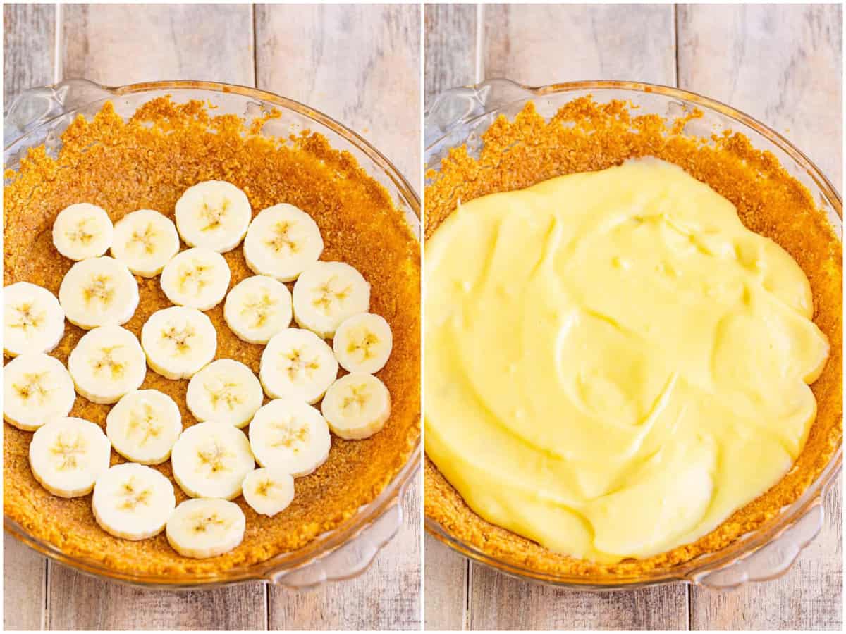 collage of two photos: sliced bananas layered on crust; layer of pudding on top of sliced bananas. 