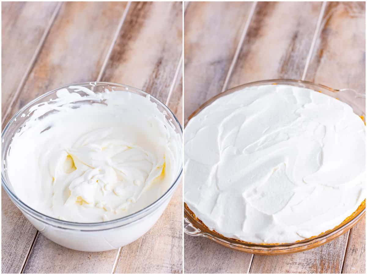 college of two photos: fresh whipped cream in a bowl; whipped cream spread on top of pie. 