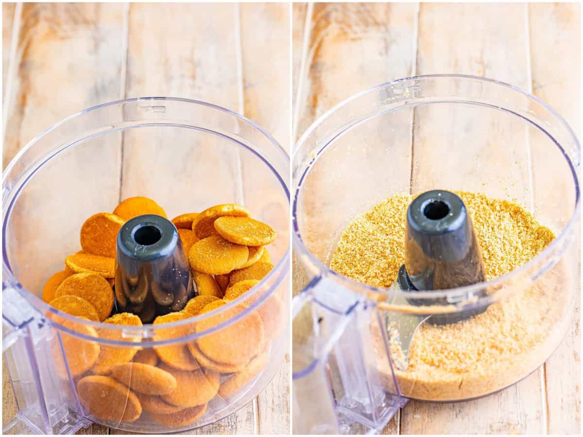 collage of two photos: Nilla wafers in a food processor; crumbs show in food processor. 