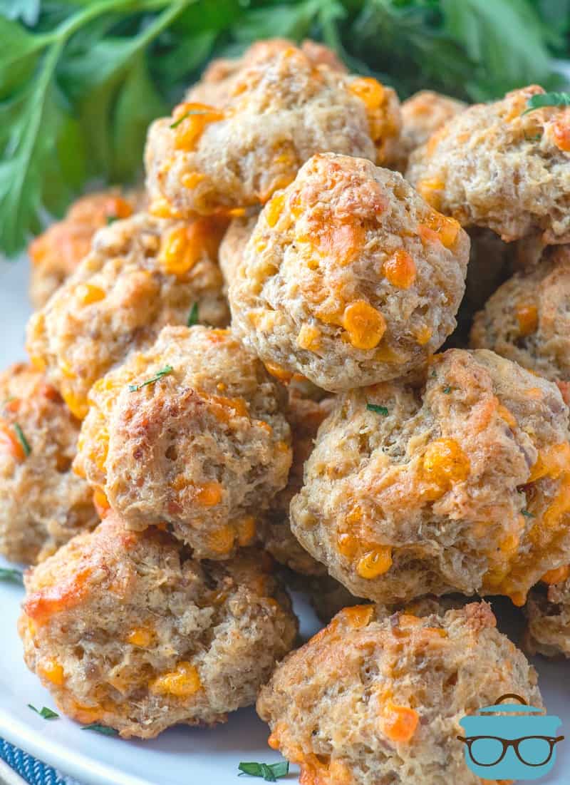 Bisquick Cream Cheese Sausage Balls stacked on a plate