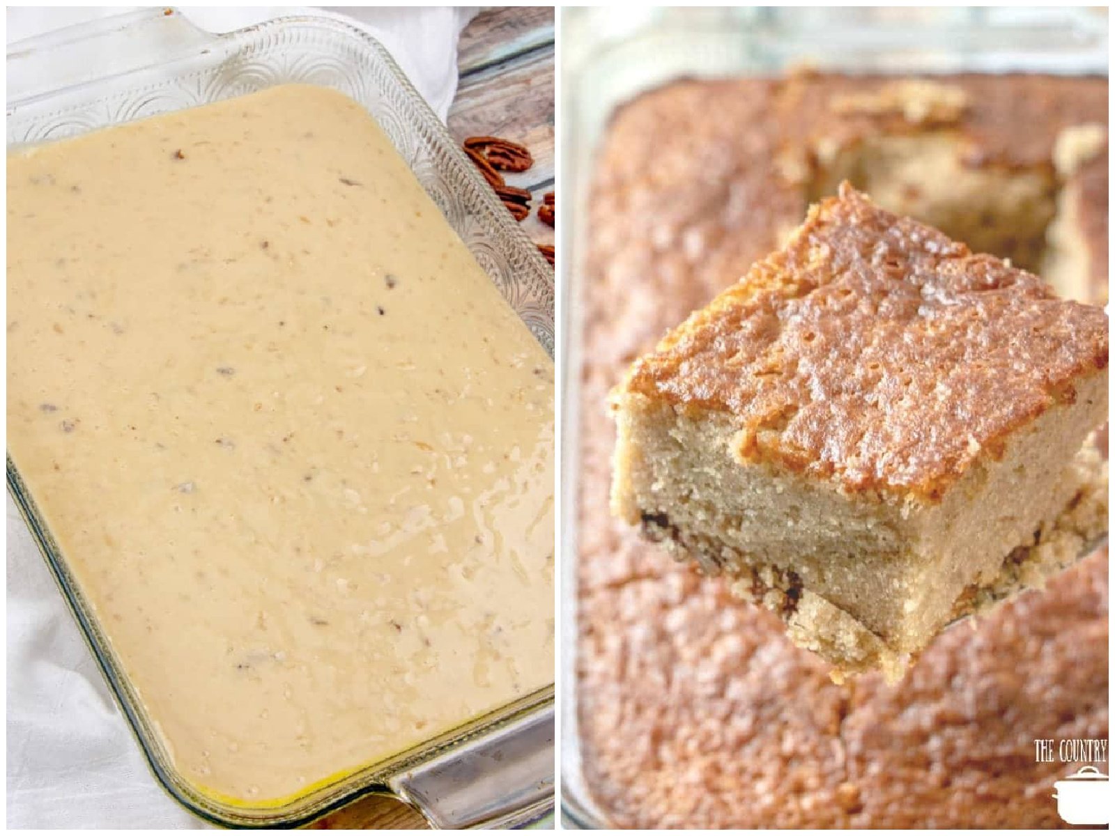 collage of two photos: cake batter puree into baking dish; fully baked cake with a slice being held up with a spatula. 