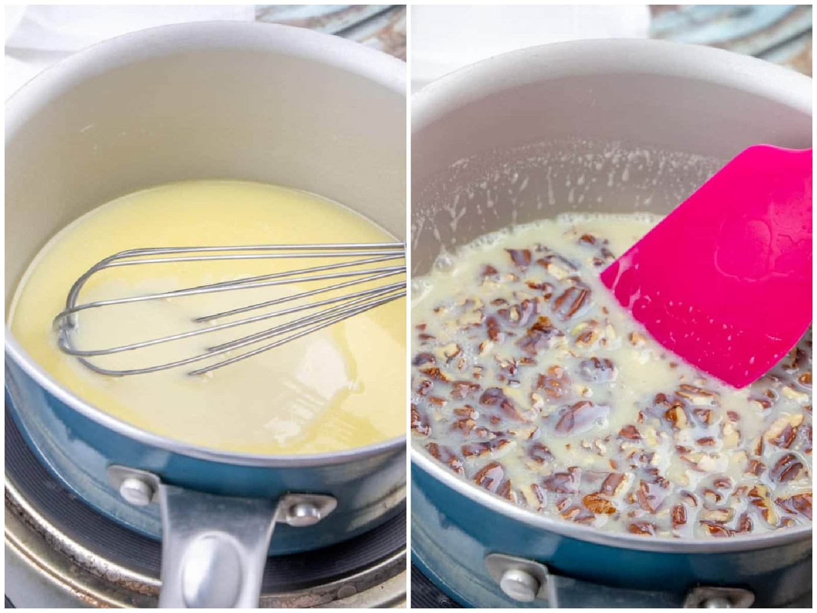 collage of two photos: sweetened condensed milk and butter in a pan with a whisk; pecans added to sauce in the pan. 