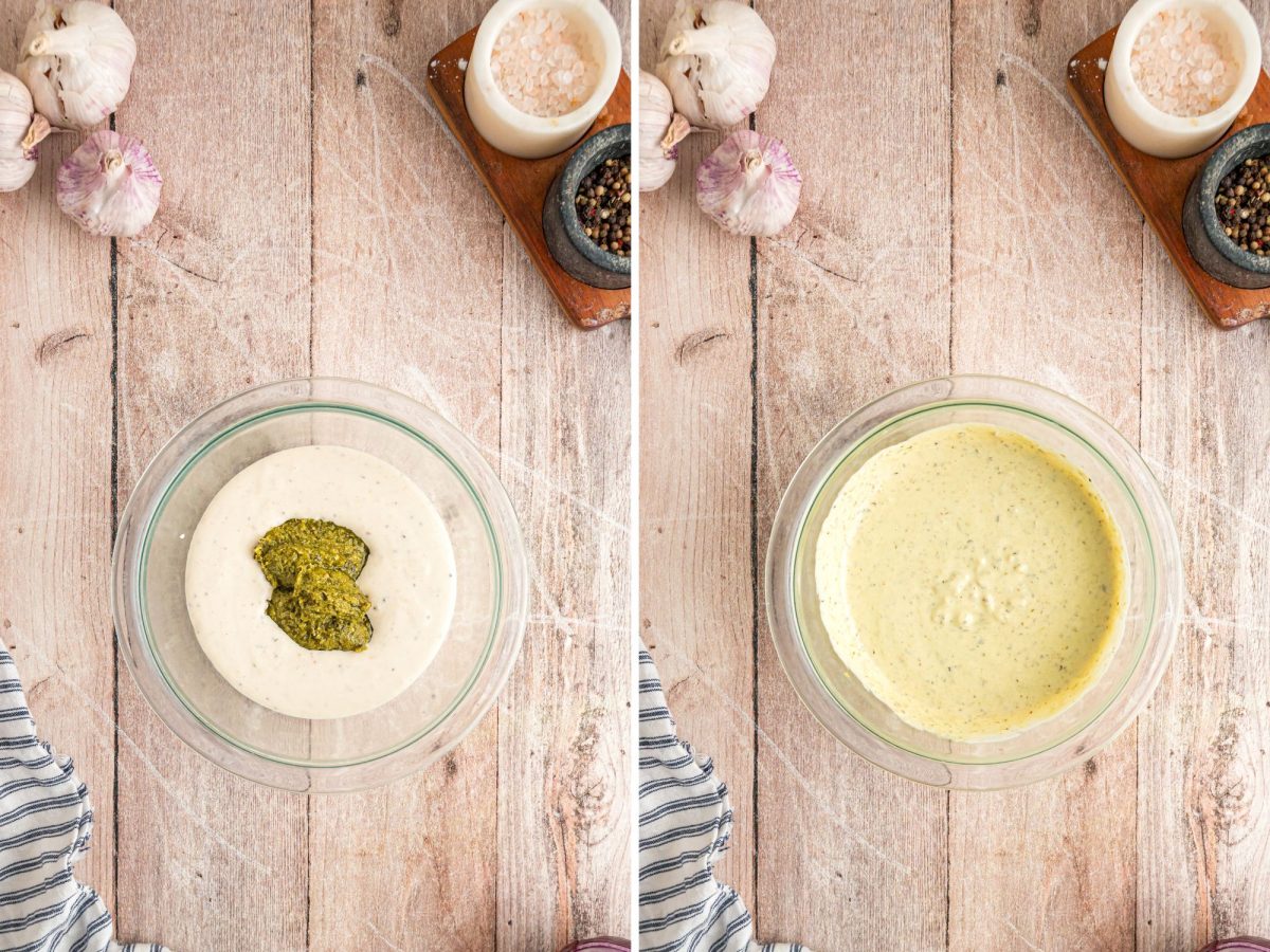 A caesar and pesto dressing being mixed in a bowl.