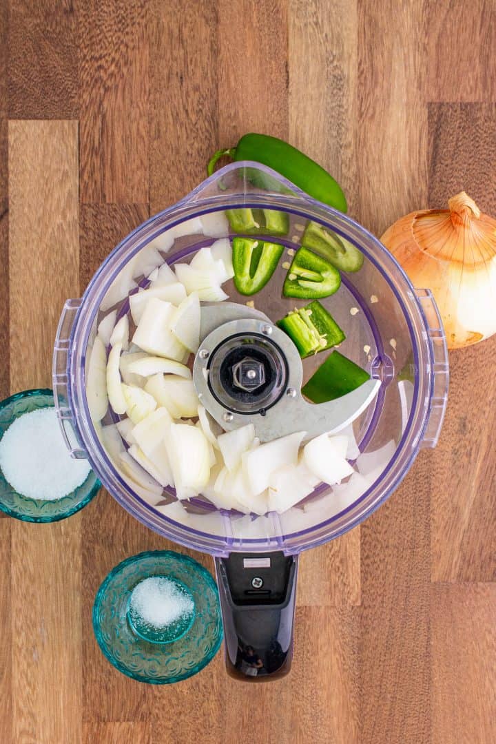 diced onion and jalapeno in a food processor.
