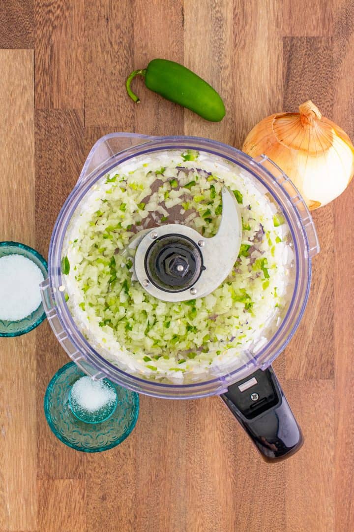 fully blended onion and jalapeños in a food processor.