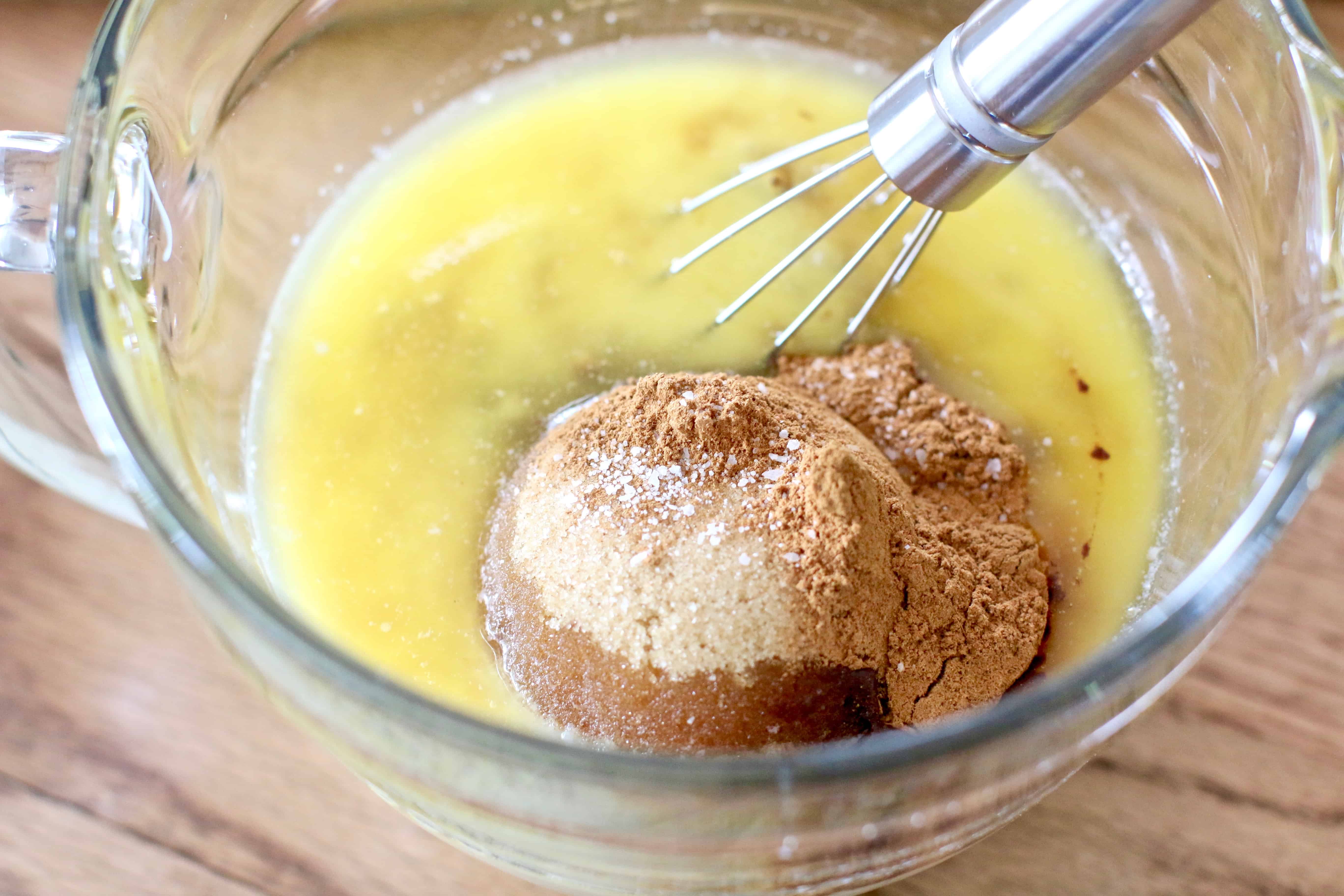 sweetened condensed milk, cinnamon, melted butter, brown sugar whisked together in a bowl.