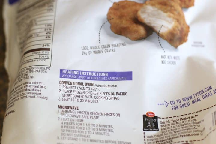 photo showing the back of a chicken nugget bag that shows the directions on how to cook them. 