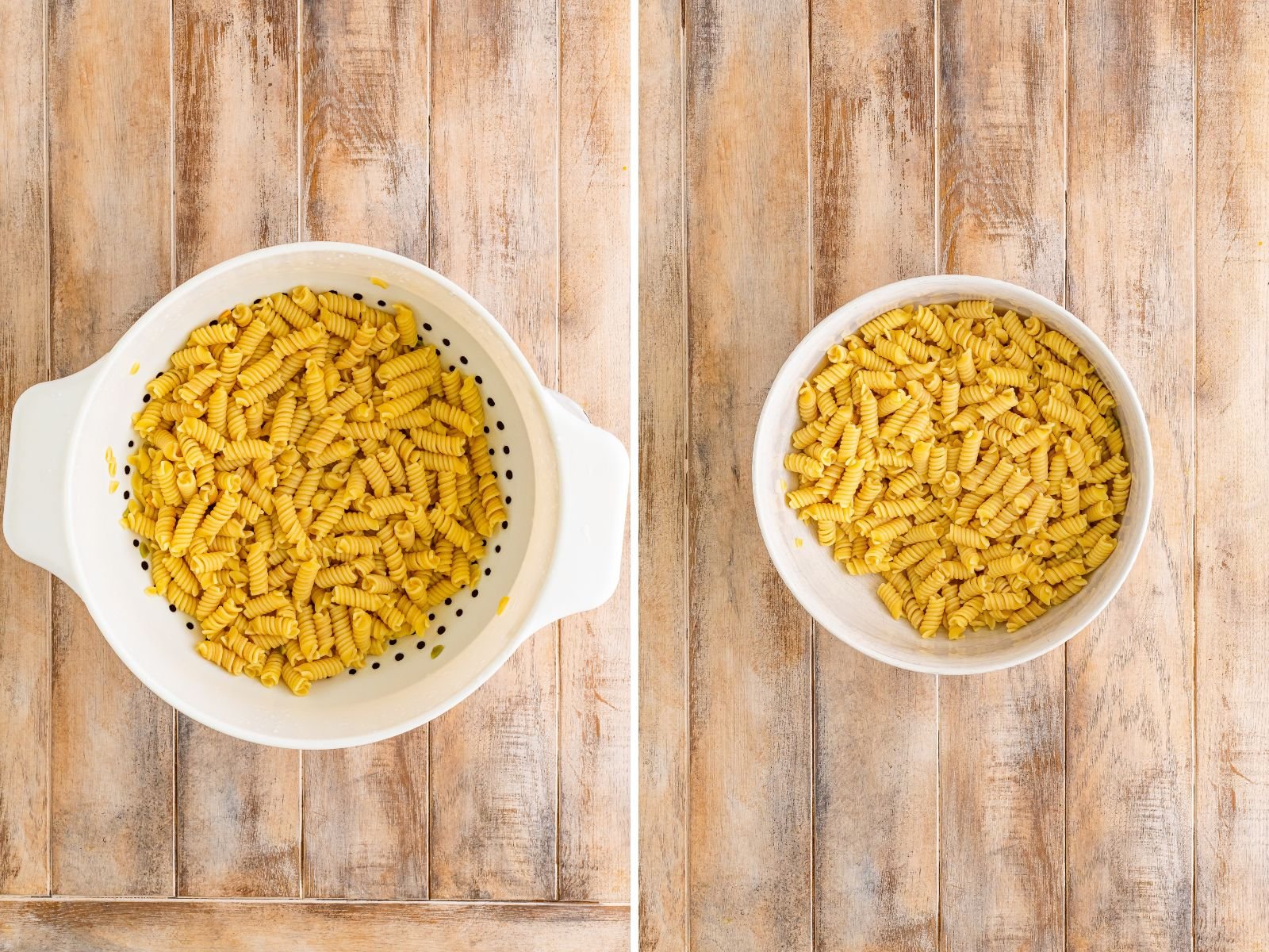 A strainer with cooked Rotini and a bowl of cooked pasta. 