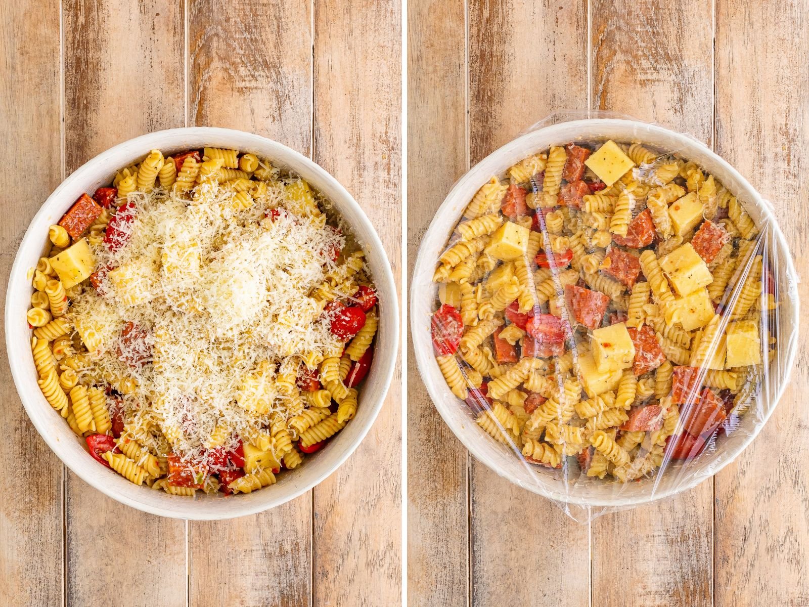 A bowl with pasta salad and grated parmesan cheese on top and a bowl of Pizza Pasta Pepperoni Salad covered with plastic wrap. 