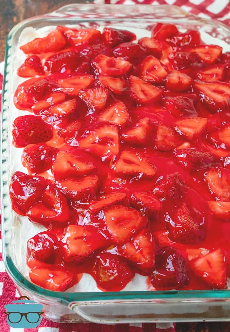 Strawberry Shortcake Cake, fully finished, in a baking dish.
