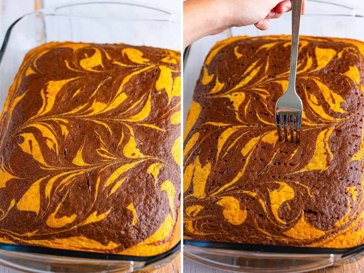 A collage of images: A baked marbled cake and a fork poking holes in a marble cake.