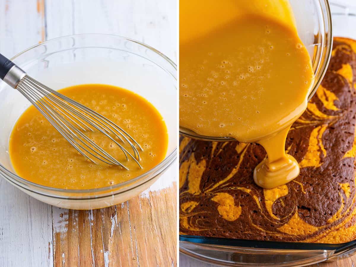 A collage of images: a glass mixing bowl with a condensed milk and caramel mixture with a whisk and that mixture being poured over a marbled cake.