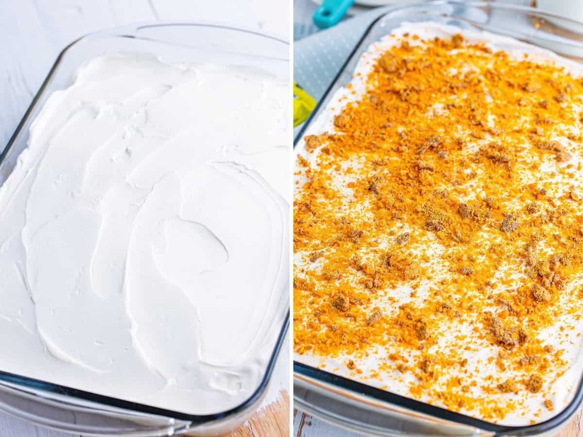 A collage of images: Cool Whip spread overtop a marble cake and crushed Butterfinger candies on top of Cool Whip on a cake.