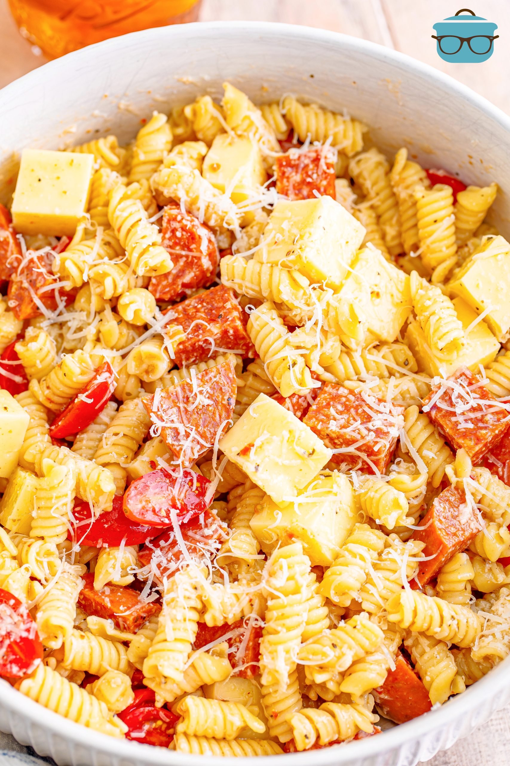 A large serving bowl of Pepperoni Pizza Pasta Salad. 