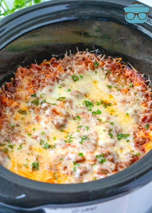 Crock Pot Lasagna pictured in the slow cooker