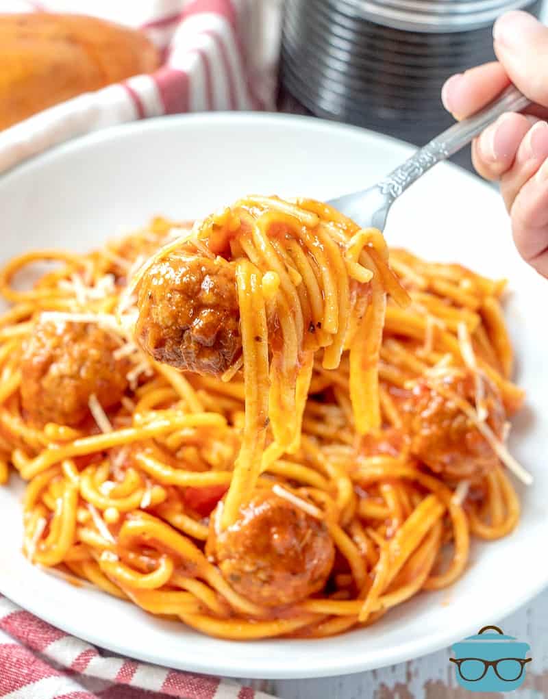 finished Instant Pot Spaghetti and Meatballs swirled around fork.