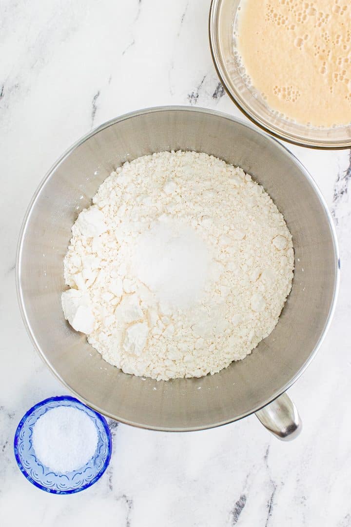 flour and salt in a stand mixer bowl.